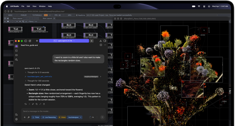 MacBook Pro mit PROLED XDR Display, Farbe Space Schwarz, das Display zeigt ein Bild, das mit TouchDesigner und LM Studio erstellt wird