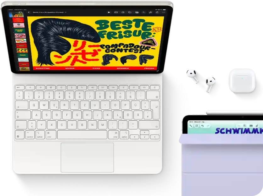 iPad Air, Farbe Polarstern, farbige Grafik auf dem Display, befestigt am Magic Keyboard, Airpods Pro und Apple Pencil Pro Zubehör