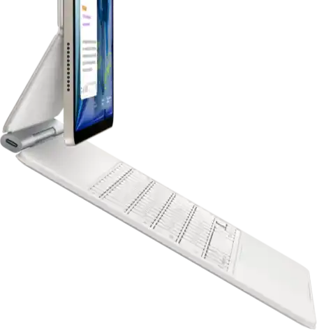 iPad Air, Farbe Polarstern, befestigt am Magic Keyboard, Weiß, Seitenansicht