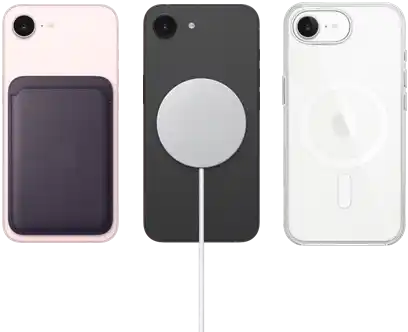 iPhone 17e i blekrosa med FineWoven-pl&aring;nbok i f&auml;rgen midnatt, iPhone 17e i svart med MagSafe-laddare, iPhone 17e i vitt med transparent skal med MagSafe