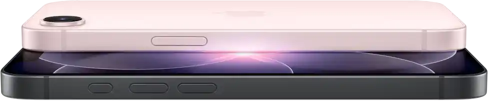 iPhone 17e, horizontale Seiten- und Rückansicht, Hellrosa, iPhone 17e, horizontale Seiten- und Vorderansicht, Schwarz