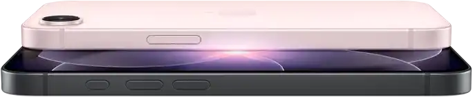 iPhone 17e, horizontale Seiten- und Rückansicht, Hellrosa, iPhone 17e, horizontale Seiten- und Vorderansicht, Schwarz