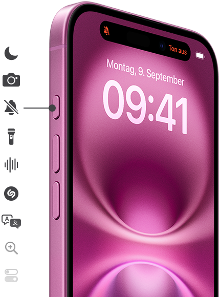 Drücke und halte einfach die Actiontaste auf dem iPhone 16 und starte dein Lieblingsfeature. Zum Beispiel den Fokus, die Kamera, den Stummmodus, die Taschenlampe, Sprachmemos oder Shazam