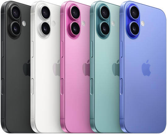 iPhone 16, Rückseite, erhöhtes fortschrittliches Zwei-Kamera-System, Apple Logo in der Mitte, alle fünf Farben, Schwarz, Weiß, Pink, Blaugrün, Ultramarin