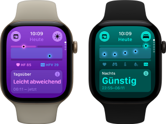 Zwei Apple Watch Series 12 Geräte: Aluminiumgehäuse, Farbe Lichtgold, Tageswerte für Vitalzeichen leicht abweichend, Digital Crown, Sportarmband Sand, Aluminiumgehäuse, Farbe Schwarz, im Schlaf erfasste Vitalzeichen günstig, Digital Crown, Sportarmband Schwarz