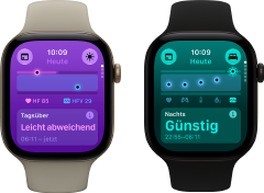 Zwei Apple Watch Series 12 Geräte: Aluminiumgehäuse, Farbe Lichtgold, Tageswerte für Vitalzeichen leicht abweichend, Digital Crown, Sportarmband Sand, Aluminiumgehäuse, Farbe Schwarz, im Schlaf erfasste Vitalwerte günstig, Digital Crown, Sportarmband Schwarz