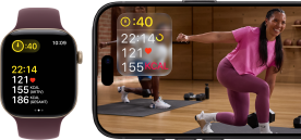 Apple Watch neben einem iPhone mit Apple Fitness+ Kurs auf dem Display