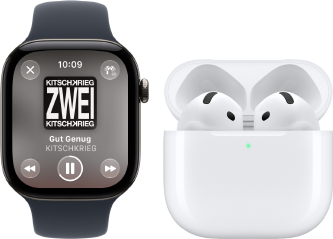 Apple Watch Series 12, Aluminiumgehäuse, Farbe Schwarz, Sportarmband in Schwarz, Apple Music App geöffnet, gekoppelt mit AirPods 4