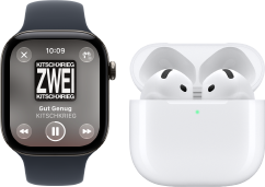 Apple Watch Series 12, Aluminiumgehäuse, Farbe Schwarz, Sportarmband in Schwarz, Apple Music App geöffnet, gekoppelt mit AirPods 4