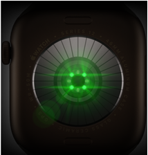 Rückseite der Apple Watch Series 12, Aluminiumgehäuse, Farbe Dunkelbronze, mehrere runde Sensoren mit grün leuchtenden LEDs, linke Seitenansicht, Digital Crown, Sportarmband, Farbe Oliv