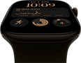 Apple Watch Series 12, Aluminiumgehäuse, Farbe Dunkelbronze, Modular Zifferblatt, Komplikationen: Tag und Datum, Trainings, Aktivitätsringe, Apple Music, rechte Seitenansicht, Digital Crown, Sportarmband, Farbe Oliv