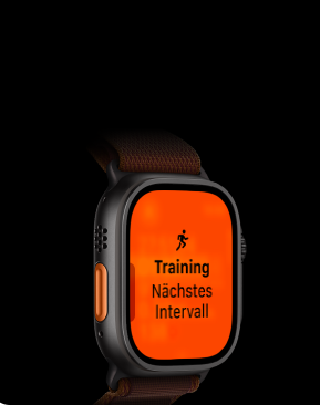 Apple Watch Ultra 4, Titangehäuse, Farbe Schwarz, Lauftraining, nächstes Intervall, linke Seitenansicht, Actiontaste in Orange, Alpine Loop Armband