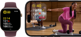 Eine Apple Watch neben einem iPhone mit einem Apple Fitness+ Training auf dem Display