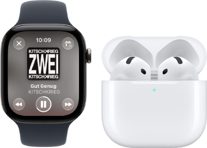 Apple Watch Series 12, Aluminiumgehäuse, Farbe Schwarz, Sportarmband Schwarz, Apple Music App geöffnet, gekoppelt mit AirPods 4
