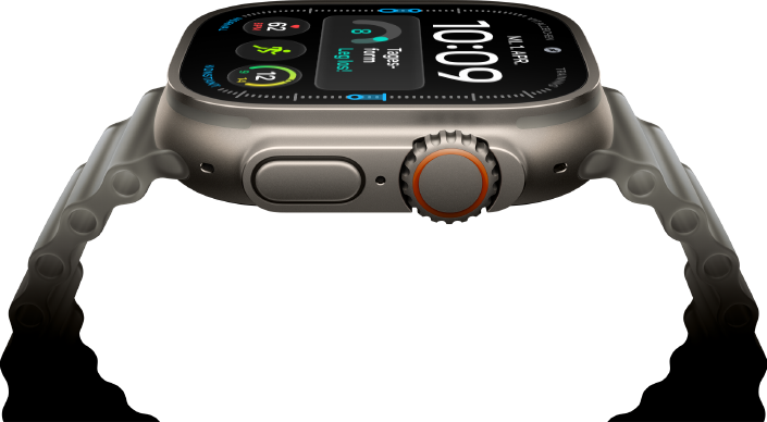 Apple Watch Ultra 4, Titangehäuse, Farbe Natur, digitales Zifferblatt, Komplikationen: Tagesform, Herzfrequenz, Trainings, Temperatur, rechte Seitenansicht, Digital Crown, erhöhte Seitentaste, Ocean Armband, Farbe Halbtransparentes Grau