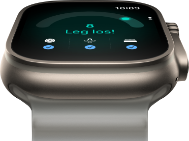 Apple Watch Ultra 4, Titangehäuse, Farbe Natur, Tagesformwert 8, rechte Seitenansicht, Digital Crown, erhöhte Seitentaste, Ocean Armband, Farbe Halbtransparentes Grau