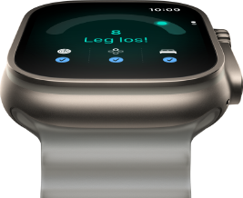Apple Watch Ultra 4, Titangehäuse, Farbe Natur, Tagesformwert 8, rechte Seitenansicht, Digital Crown, erhöhte Seitentaste, Ocean Armband, Farbe Halbtransparentes Grau