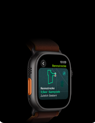 Apple Watch Ultra 4, Titangehäuse, Farbe Schwarz, Rennstrecke Feature mit einer Karte einer Laufroute, linke Seitenansicht, Actiontaste, Alpine Loop Armband, Farbe Burgunder