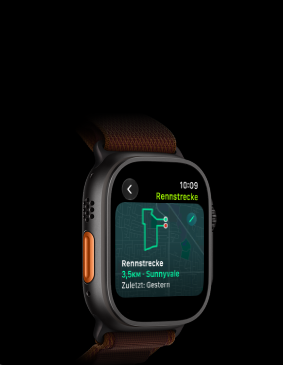 Apple Watch Ultra 4, Titangehäuse, Farbe Schwarz, Rennstrecke Feature mit einer Karte einer Laufroute, linke Seitenansicht, Actiontaste, Alpine Loop Armband, Farbe Burgunder