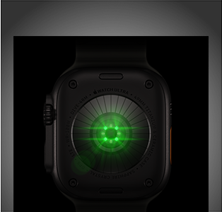 Rückseite der Apple Watch Ultra 4, Titangehäuse, Farbe Schwarz, mehrere runde Sensoren mit grün leuchtenden LEDs