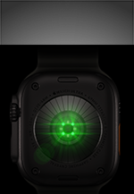 Rückseite der Apple Watch Ultra 4, Titangehäuse, Farbe Schwarz, mehrere runde Sensoren mit grün leuchtenden LEDs